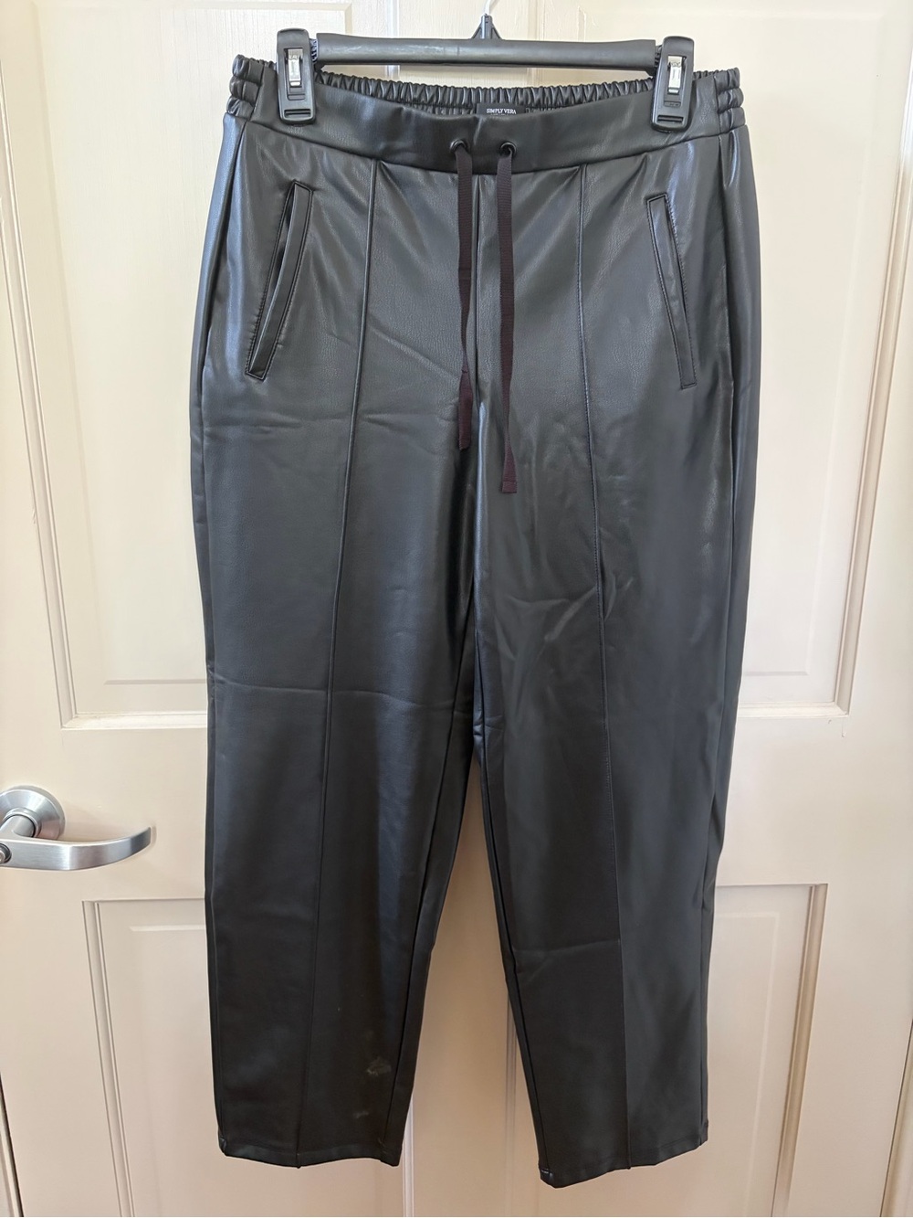 Vera Wang Black Faux Leather Straight-Leg Joggers